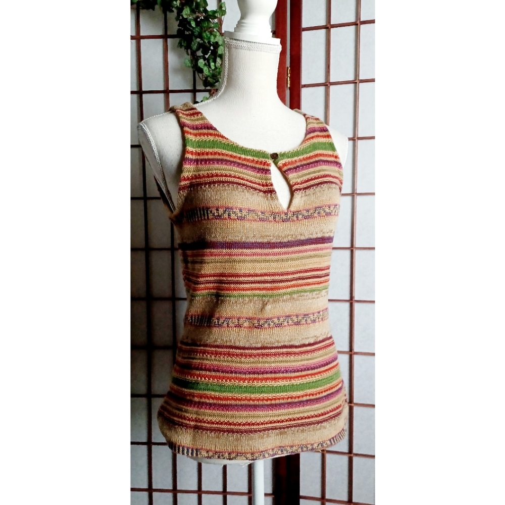 Lauren Ralph Lauren Sleeveless Aztec Inspired Knit Linen-Blend Top - Earthtones - Picture 9 of 15